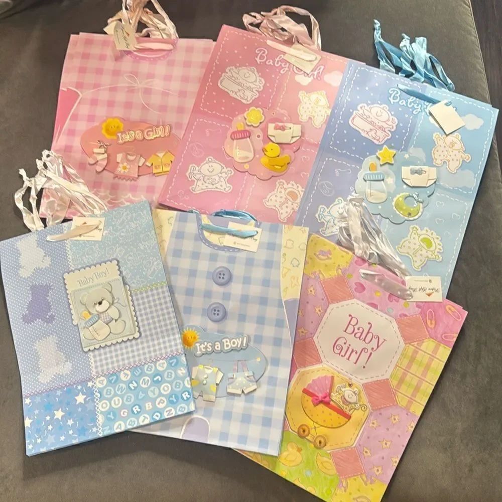 Baby Shower Large Gift Bags 12 Pack Ribbon Handles 6 Designs Pink & Blue NEW